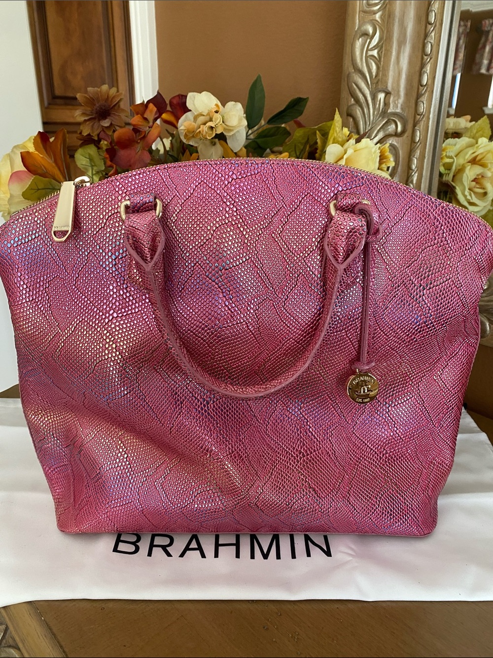 Brahmin Shimmering Pink Embossed Leather Tote